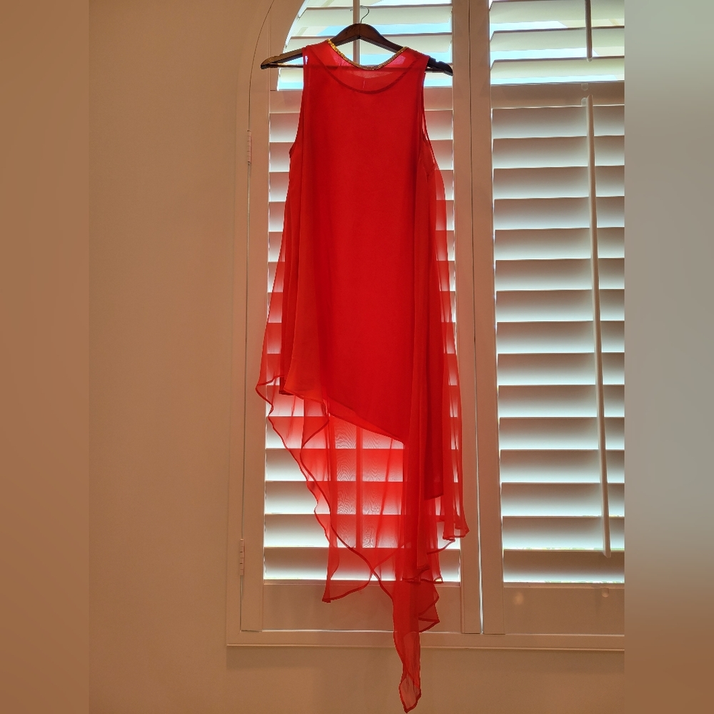 Allen Schwartz Prive Red Assymetic Flowy Dress with Gold embellishment